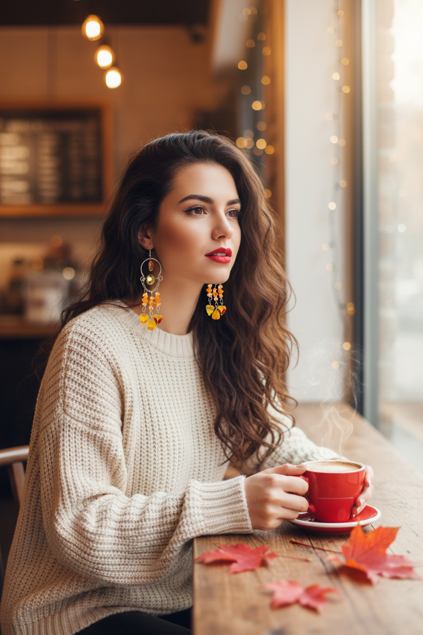 Orange AB Leaf Fall Dangle Earrings Café Lifestyle