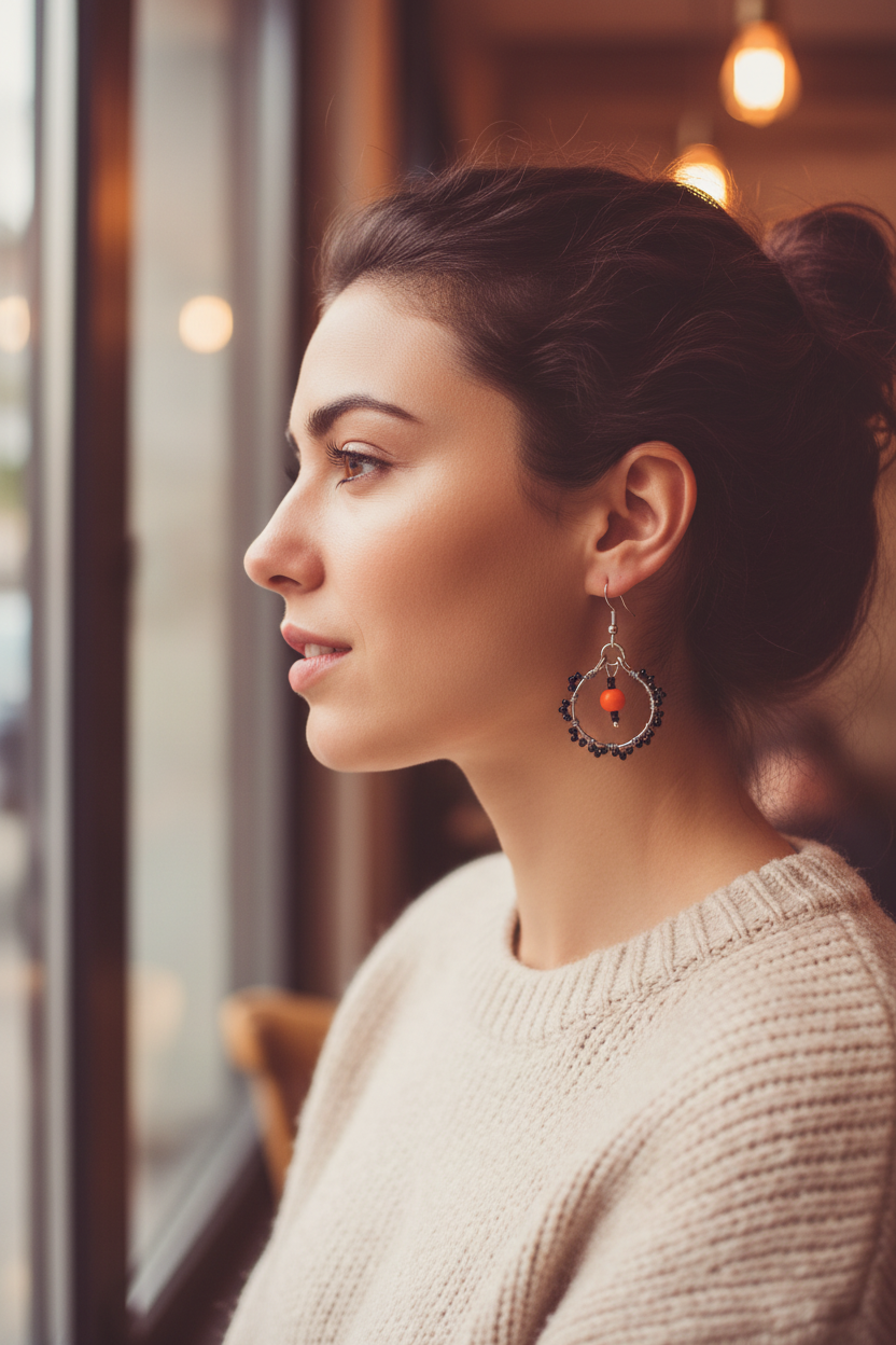 Orange & Black Seed Bead Hoop Earrings Lifestyle