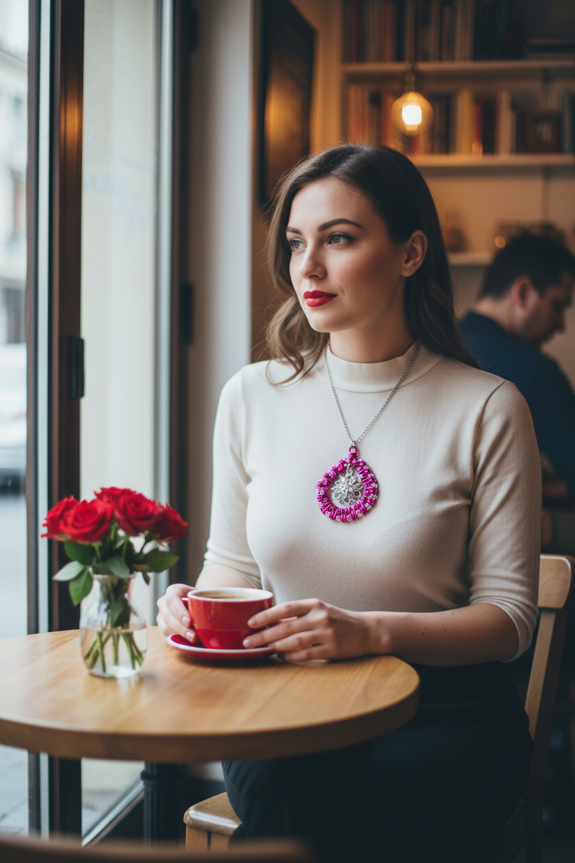 Pink Wire Wrapped Floral Crystal Necklace Café Lifestyle