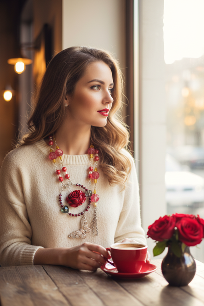 Red Rose Wire Wrapped Statement Necklace Café Lifestyle