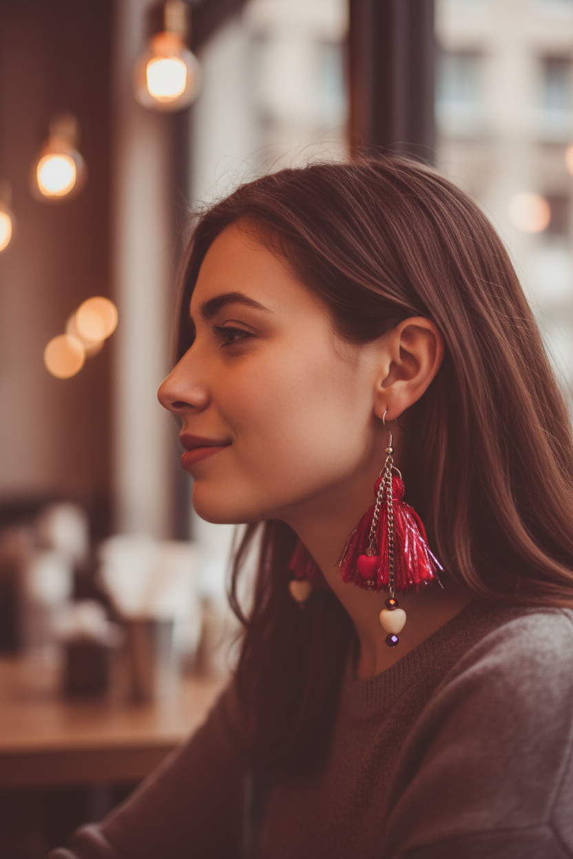 Red Silver Heart Tassel Earrings Lifestyle