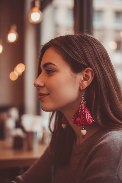 Red Silver Heart Tassel Earrings Lifestyle