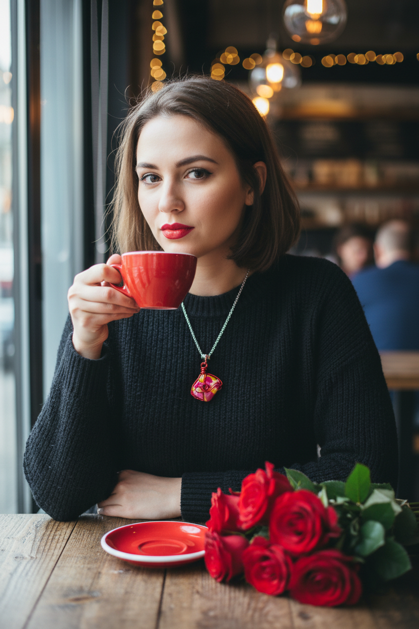 Red Wire Wrapped Speckled Glass Bead Necklace Café Lifestyle