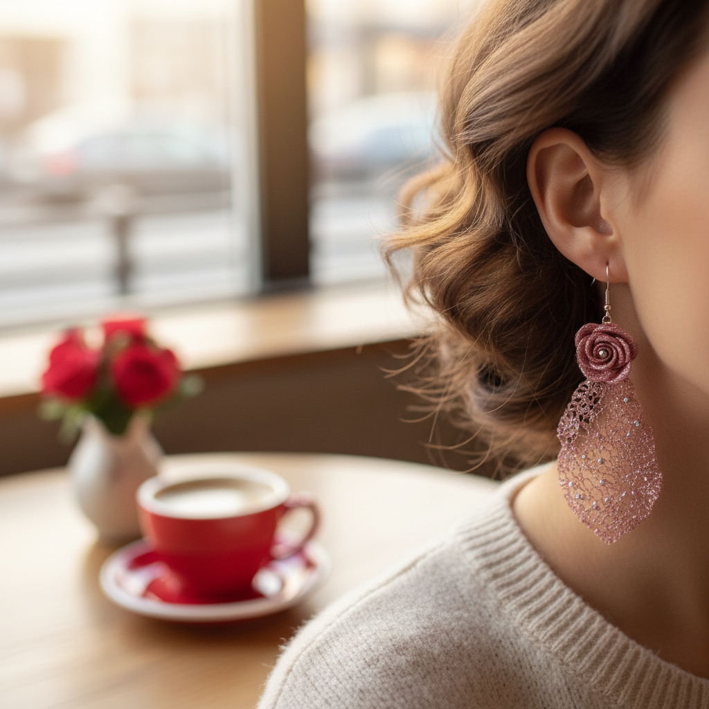 Sparkle Lacy Pink Rose Earrings Lifestyle