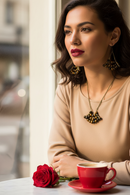 Tiger Eye Brass Chain Earrings Café Lifestyle v2