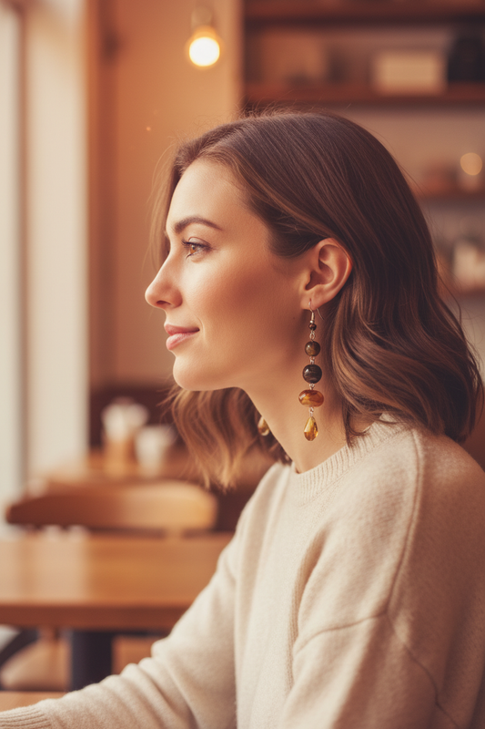 Tiger Eye Brown Swirl Glass Bead Drop Earrings Lifestyle
