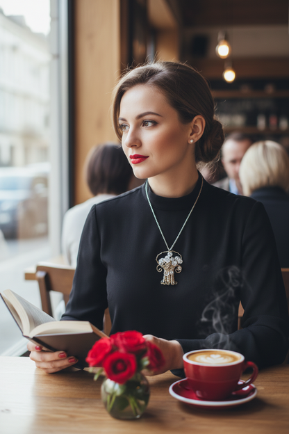 Wire Woven Crystal Flower Basket Necklace Café Lifestyle